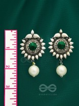 The Emerald Sun- Green Crystal Encrusted Silver Pearl Earrings