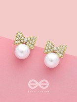 Bow-Toons- Golden Rhinestones and Pearl Earrings