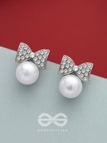 Bow-Toons- Silver Rhinestones and Pearl Earrings
