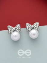 Bow-Toons- Silver Rhinestones and Pearl Earrings