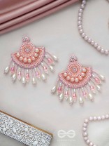 SURAMYA- THE PICTURESQUE CRESCENT- SEQUINS, GLASS BEADS AND STONE EMBROIDERED EARRINGS (SALMON PINK)