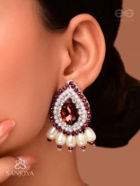 LAVANYA- THE GRACEFUL ONE- STONE, PEARLS, AND GLASS BEADS EMBROIDERED EARRINGS (ROSEWOOD RED)