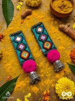 VARNAD- THE COLORFUL- BEADS AND MIRRORS EMBROIDERED EARRINGS (Parakeet Green, Ebony & Fuchsia Pink)