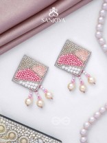 Chaturashra- The Charming Square- Beads and Pearls Embroidered Earrings (Blush & Fuchsia Pink)