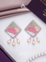 Chaturashra- The Charming Square- Beads and Pearls Embroidered Earrings (Blush & Fuchsia Pink)