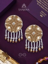 Parinataruna - The Setting Sun - Beads, Pearls, Dabka And Glass Drops Hand Embroidered Earrings (Copper Brown)