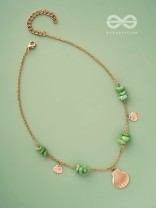 Shells N Pebbles- Golden And Olive Green Stone Necklace With Anti-Tarnish Coating 