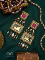 Pushkarini- The Geometric Wonder- Stones and Pearl Drops Embroidered Earrings