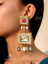 Pushkarini- The Geometric Wonder- Stones and Pearl Drops Embroidered Earrings