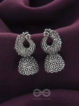The Twirling Peacock- Oxidised Jhumka Earrings