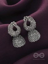 The Twirling Peacock- Oxidised Jhumka Earrings