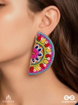 Vrittardha- The Florid Semicircle- Stones, Sequins and Resham Embroidered Stud Earrings
