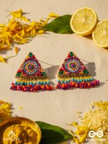 Tryashra - The Vibrant Triangle - Stones, Sequins And Resham Hand Embroidered Earrings