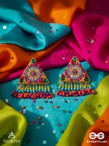 Tryashra - The Vibrant Triangle - Stones, Sequins And Resham Hand Embroidered Earrings