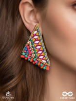 Shikharin - The Gorgeous Pyramid - Mirrors, Beads And Resham Hand Embroidered Stud Earrings