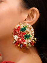 Surangi - The Red Flower Tree - Resham, Cutdana And Sequins Hand Embroidered Earrings