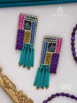 Srava- The Vibrant Waterfall- Beads and Bugle Glass Pipes Embroidered Earrings