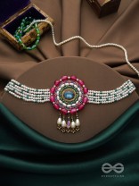 Praatika- The China Rose - Stone,  Beads And Pearl Drops Hand Embroidered Choker Neckpiece