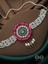 Praatika- The China Rose - Stone,  Beads And Pearl Drops Hand Embroidered Choker Neckpiece
