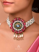 Praatika- The China Rose - Stone,  Beads And Pearl Drops Hand Embroidered Choker Neckpiece