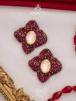 Raagana- The Crimson Bloom- Stones Embroidered Stud Earrings
