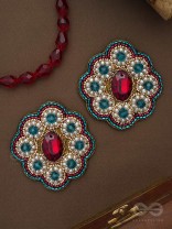 Stibhi - Treasures Of Ruby - Dabka, Stone And Beads Hand Embroidered Earrings