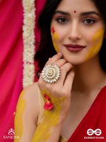 MOTISHOBHINI - THE PEARL RADIANCE - PEARLS AND BEADS EMBROIDERED RING (WHITE & GOLDEN)