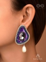 VIRUPATA - THE FREE SPIRITED - STONE, CUT DANA, SEQUINS AND PEARL DROP EMBROIDERED EARRINGS (PURPLE)