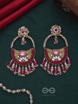 VILAKSANA - UNIQUE SPARKLING MOMENTS - STONE, BEADS, GLASS DROPS AND PEARLS EMBROIDERED EARRINGS (MAGENTA & GOLDEN)