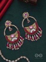VILAKSANA - UNIQUE SPARKLING MOMENTS - STONE, BEADS, GLASS DROPS AND PEARLS EMBROIDERED EARRINGS (MAGENTA & GOLDEN)