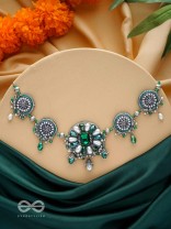PRADHI - MOON LIKE ELEGANCE - GLASS DROPS, STONES AND PEARLS EMBROIDERED AND OXIDISED NECKPIECE