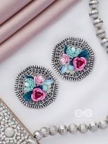 UDYANAKALA - GARDEN OF ART - SEQUINS AND PEARLS EMBROIDERED AND OXIDISED STUD EARRINGS