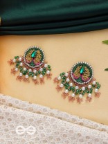 VARNANANDINI - THE COLORFUL DELIGHT - STONE, PEARLS AND BEADS EMBROIDERED EARRINGS (GREEN & PINK)