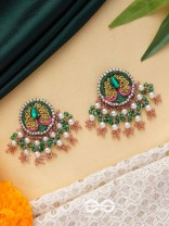 VARNANANDINI - THE COLORFUL DELIGHT - STONE, PEARLS AND BEADS EMBROIDERED EARRINGS (GREEN & PINK)