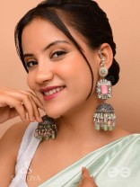Abhivars - A Shower Of Blossom - Stone And Beads Oxidised And Hand Embroidered Jhumka Earrings