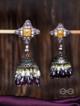 Vasatya - Gradient Of Dusk - Stone And Beads Hand Embroidered And Oxidised Jhumka Earrings