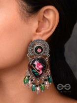 VIHANGIKA - FEATHERED FLIGHT ELEGANCE - STONE, GLASS DROPS AND RESHAM EMBROIDERED AND OXIDISED EARRINGS