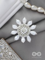 Tejovat - Glimmering White Brilliance - Stone, Beads And Glass Drops Hand Embroidered Ring (Adjustable)
