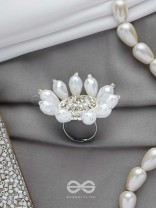 Tejovat - Glimmering White Brilliance - Stone, Beads And Glass Drops Hand Embroidered Ring (Adjustable)