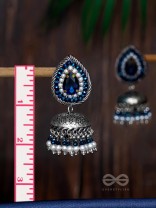 Ratryata - The Midnight Sapphire - Stone And Beads Hand Embroidered Oxidised Jhumka Earrings