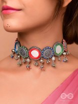 RANGAVYUHA - COLORBURST CASCADE - BEADS, MIRROR AND RESHAM EMBROIDERED AND OXIDISED NECKLACE