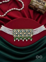 Ardrata- The Emerald Finesse- Beads, Pearl Drops, Polki And Kundan Finished Hand Embroidered Choker Neckpiece
