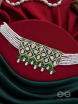 Ardrata- The Emerald Finesse- Beads, Pearl Drops, Polki And Kundan Finished Hand Embroidered Choker Neckpiece