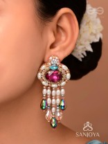 Vaajpatni- The Queen's Treasure- Stones, Pearls And Glass Drops Hand Embroidered Earrings