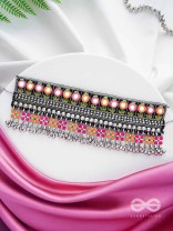Prasidika - The Radiant Garden - Resham And Beads Hand Embroidered Oxidised Choker Neckpiece