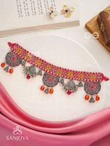 Prasvap - The Dusk Dream - Resham, Beads And Glass Drops Hand Embroidered Oxidised Choker Neckpiece