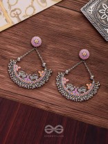 Mystical Peacocks In Coral - Enamelled Oxidised Earrings