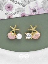 STARFISH & SEASHELL WISHES - GOLDEN AND PINK EMBELLISHED STUD EARRINGS