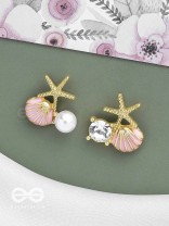 STARFISH & SEASHELL WISHES - GOLDEN AND PINK EMBELLISHED STUD EARRINGS