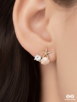 STARFISH & SEASHELL WISHES - GOLDEN AND PINK EMBELLISHED STUD EARRINGS
